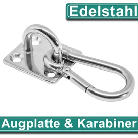 PRIOstahl Eyelet Plate Carabiner Hook - 4 x Eye Plate Square 40 x 35 mm + 4 x Carabiner 6 x 60 mm Wall Hooks Ceiling Hooks for Hanging Mounting for Sun Sail Punch Bag Hay Net Rustproof Stainless Steel