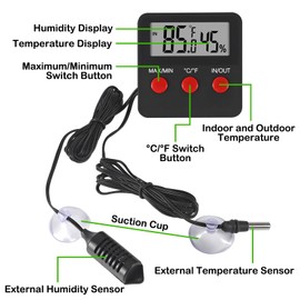 AITIAO Reptile Thermometer and Humidity Gauge with Probes and Suction Cup Reptile Terrarium Thermometer Hygrometer Digital Display Indoor Outdoor Aquarium Thermometer