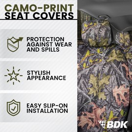 BDK Camo Car, Full Set – Realistic Green Forest Camouflage Automotive Front & Bench Back Seat Cover, Camoflauge Interior Protectors for Auto Truck Van & SUV