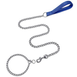 LOS ANDES Metal Dog Leash and Collar Set, 4FT Chew Proof Leash Heavy Duty Dog Chain Leash for Medium Large Dogs Comfortable Soft Padded Handle with Anti Bite Slip Chain Collar (4FT Blue)
