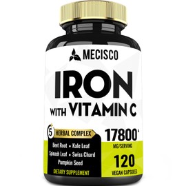 7in1 Iron and Vitamin C Supplement 17800mg - Ultra Concentrated with Beet Root, Spinach, Kale, Swiss Chard & Pumpkin - Body Balance, Natural Mood & Immune Support - 120 Capsules for 2-Month Supply