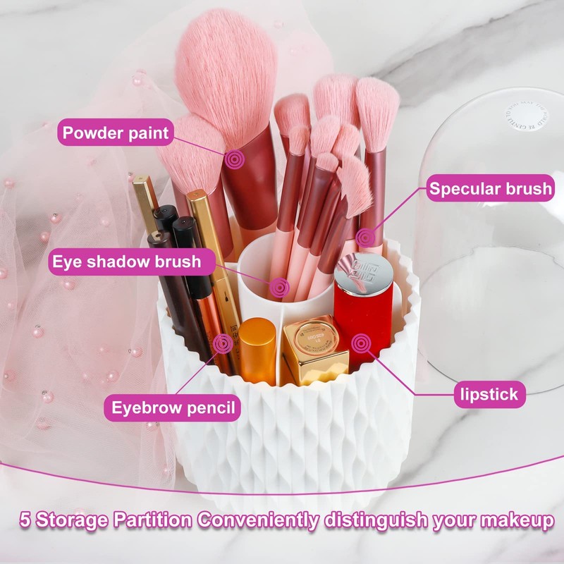 Makeup Brush Holder Organiser with Lid, 360° Rotating Dustproof Make