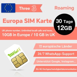 30 Days 12GB SIM Card for UK & Europe No Roaming Fees - UK Number, Unlimited Calls & SMS, for Google, Instagram, Twitter, WhatsApp - Activation Required