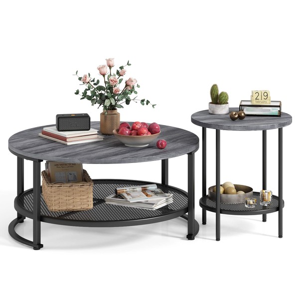 LINSY Home Round Coffee Table Set of 2 for Living Room, Grey Coffee Table with Open Storage,Wood Surface Top & Sturdy Metal Legs Large Circle Coffee Table for Industrial or Modern Design Home
