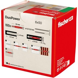 Fischer DUOPOWER 6 x 50 Universal Dowel Pack – 100 Pieces for Secure Fastening in Various Building Materials