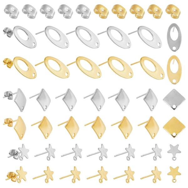 PH PandaHall 60pcs Earring Posts Golden Silver Ear Pad Base