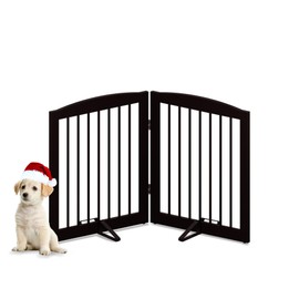 PUPETPO Freestanding Pet Gate for Dogs, Foldable Wooden Dog Gate for House, Indoor Dog Gate for Stairs, Doorways, Gates for Dogs Indoor, Support Feet Included, 24" Height 2 Panels, Brown