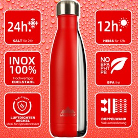 Mont-Clair Stainless Steel Drinking Bottle, Thermos Flask, BPA-Free, Water Bottle, Stainless Steel Drinking Bottle 500 ml, 24 Hours Cold and 12 Hours Warm, Leak-Proof, Thermos Drinking Bottle, Red