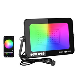 RIGIDON 1 x 50 W RGB LED Spotlight App Control, 5000 LM RGBW Colour Changing Floodlight, Smart Dimmable Timer Colourful Floodlight Lamp for Party, Garden, Tree, Landscape, Disco Celebrations,