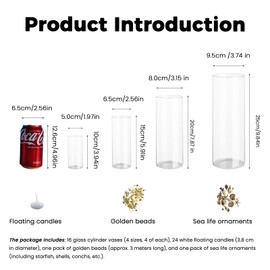 Sandraheer 16 Pack Glass Cylinder Vases with 24 Floating Candles