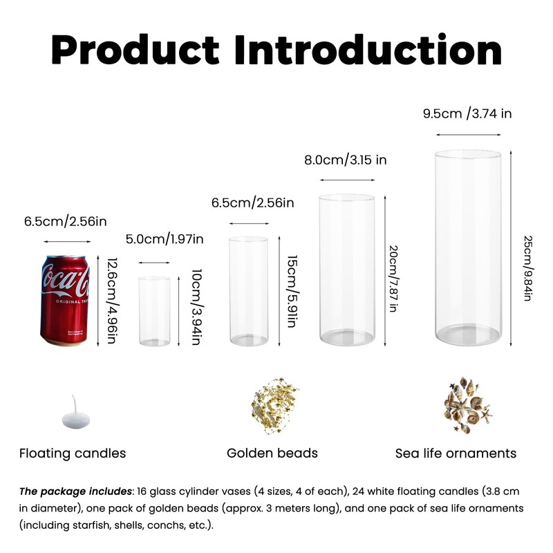 Sandraheer 16 Pack Glass Cylinder Vases with 24 Floating Candles