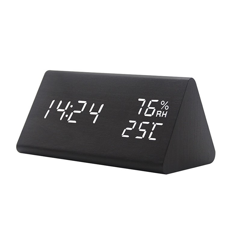 Digital Clock Wooden Electronic LED Time Display Temperature and Humidity