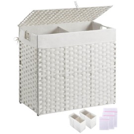 Greenstell Laundry Hamper with lid, No Install Needed, 130L Wicker Laundry Baskets Foldable 2 Removable Liner Bags, 2 Section Clothes Hamper Handwoven Rattan Laundry Basket with Handles, White