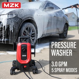 MZK Electric Pressure Washer, 3.0GPM Power Washer with 360° Lockable Wheels and 4 Quick-Connect Nozzles, Foam Cannon for Easy Replacement, High-Pressure Cleaning of Cars, Fences, Driveways