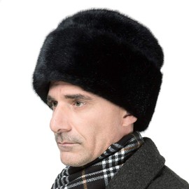 MSFGJZM Faux Mink Fur Cossack Hat Winter Men Russian Ushanka Warm Cap (Black, L-60-61cm/23.6-24inch)
