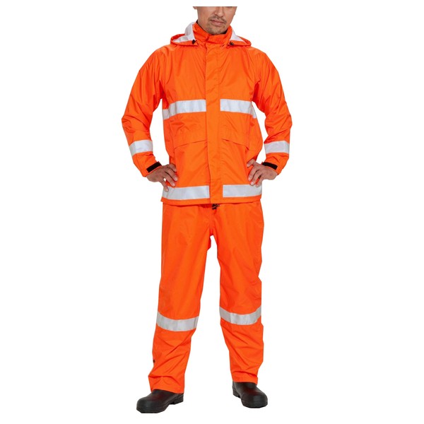 AP700 Reflective Rain Suit, Professional Specifications, Waterproof, Breathable, Helmet Compatible, Storage Bag Included (L, Rescue Orange)