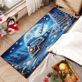 Culudea Christmas Snow Tree Elk Area Rug Winter Night Train Blue 2' x 6' Floor Entry Runner Rug Non-Slip Washable Indoor Door Carpet Mat for Bedroom Kitchen Entryway Laundry Living Home Decor