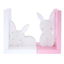 Cute Rabbit Wooden Book Organizer Bookends Book end Book File Home Office Library Decoration Birthday Gift(Pink and White)