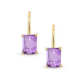 Traditional Gemstone Nano Purple Amethyst Emerald Cut Drop Earrings For Women Hinge Lever Back Yellow Gold Plated .925 Sterling Silver