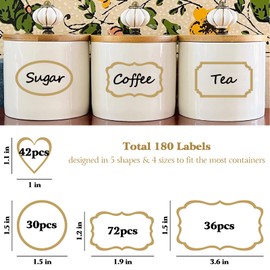 Clear Labels for Jars 180pcs Waterproof Removable Transparent Write-on Label Stickers with Gold Border,Great for Food Container Spice Bottle Condiment Flour Sugar Canisters Storage Bins,Free 2 Markers