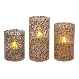 Mark Feldstein & Associates Wild Leopard Animal Print Flameless LED Glass Pillar Candles, Set of 3, 6 Inch