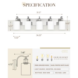 JAZAVA 5 Light Bathroom Vanity Light, Brushed Nickel Vanity Lights for Morden Bathroom Lighting Fixtures Over Mirror Wall Light Fixtures with Milky White Frosted Shade ZCVL01BNW-5