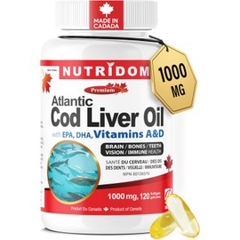 NUTRIDOM Atlantic Cod Liver Oil 1000 mg – 120 Fish Gelatin Softgels – Rich in EPA, DHA, Vitamins A & D – Non-GMO, Gluten-Free, Made in Canada
