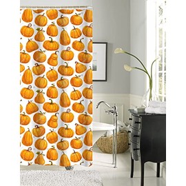 Kashi Home Printed Canvas 13 PC Shower Curtain Set with 12 Roller Hooks, Fall/Autumn Inspired Bathtub Decor 70" x 70" - Plentiful Pumpkins