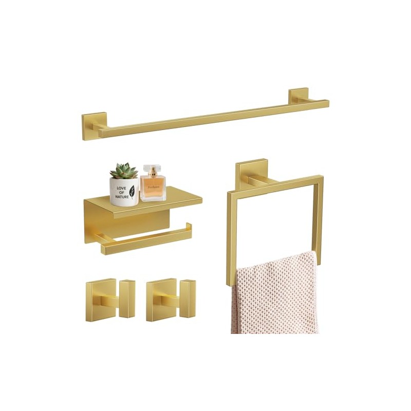TURS Brushed Gold 5 Pieces Bathroom Hardware Set, SUS304 Stainless