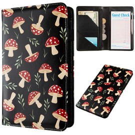 ANNAMISSI Server Books for Waitress,Cute Pocket Leather Money Organizer Wallet Note Pad Cash Bill Restaurant Guest Check Book Holder Pocket Presenter Fit Server Apron Waitress Book (Mushrooms)