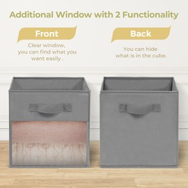 13x13 Large Storage Bins with Clear Window, Set of 6 Storage Cubes, Collapsible Cube Storage Bins, Fabric Closet Organizers with Handles for Home, Office, Closet Shelf Cabinet, Bookcase, Grey