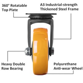 Finnhomy 4” Inch Swivel Casters Wheels Set of 4 Plate Casters Heavy Duty Premium Polyurethane PU Wheels for Furniture/Workbench Load Bearing 2,600 Lbs Anti-wear Smooth Casters Orange (Free Screws)