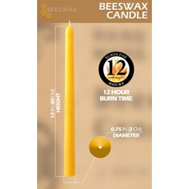 Hyoola 12" Beeswax Taper Candles - 12 Hour Burn Time - Yellow Beeswax Candles - 4 Pack
