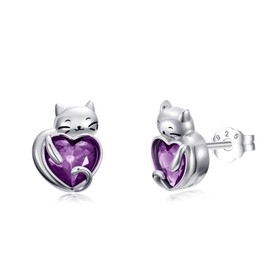 Seiyang February Amethyst Heart Birthstone Stud Cat Earrings 925 Sterling Silver Cat Jewelry Purple Birthstone Gifts for Daughter Women