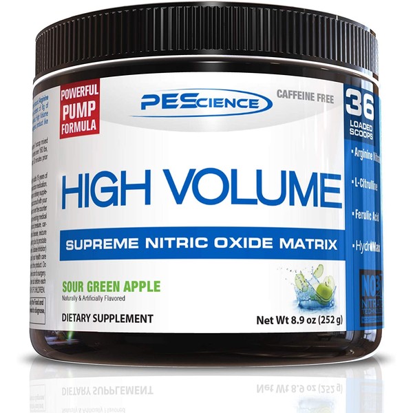 PEScience High Volume Nitric Oxide Booster Pre Workout Powder with L Arginine Nitrate, Green Apple, 36 Scoops, Caffeine Free