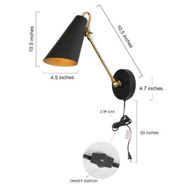ZEVNI Modern Swing Arm Wall Lamp, Plug in Wall Sconce with Slant-Cut Metal Shade, Black Gold Sconces Wall Lighting