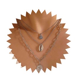 Inilbran Boho Layered Shell Disc Choker Necklace Vintage Cowrie Shell Pendant Necklace Silver Hammered Coin Necklace Paperclip Chain Necklace Multilayered Seashell Conch Necklace Jewelry for Women