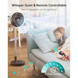 TriPole Foldable Standing Fan 12" Portable Rechargeable Battery Pedestal Fan with Remote, Timer Setting, Height Adjustable, for Home Office, 6 Speed, 12000mAh (Coffee)