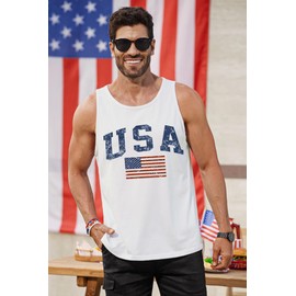Men's USA Flag Tank Top Funny 4th of July Graphic Sleeveless Tee Independence Day White Muscle Cutoff Shirt XL