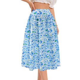 Bbonlinedress Women's Floral Print A-Line Knee-Length Summer Skirts Casual High Waist Midi Skirt Swing Casual Skirt, White Blue Flower, M