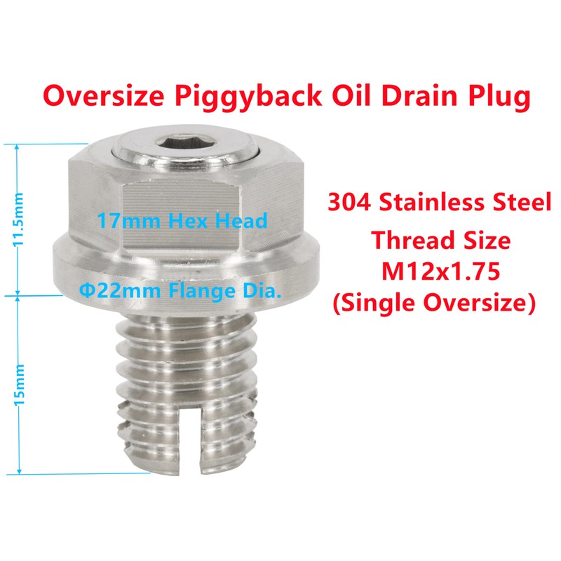 Dsnaduo M12.1-1.75 x 15mm Oversize Piggyback Oil Drain Plug, Stainless