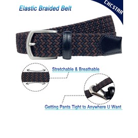 CHCSTAR Woven Elastic Men Casual Belt - Braided Genuine Leather Belt for Jeans Pants - Golf Belt Plus Size- Black/Brown 47