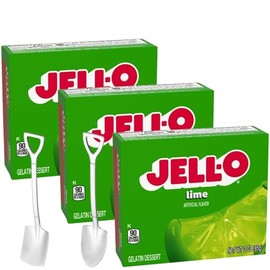 Instant Gelatin Dessert Mix - 3 oz Boxes (Pack of 3) - With Mini Shovel Spoons (Lime) - Metal Spoons