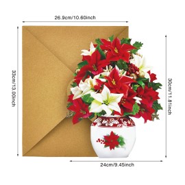 Pop up Christmas Paper 3D Poinsettia Bouquet Flower Popup Greeting Card with Note Card & Envelopecolor: Red, CARD SIZE: 29*24.2cm