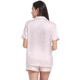 Serenedelicacy Women's Satin Pajama Set 2-Piece Sleepwear Loungewear Button Down Short Sleeve PJ Set (Small, Blush, Leopard)