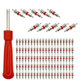 LLAUTOOLS 100Pcs Schrader Tire Valve Core and 1Pc Valve Core Removal Tool,Replacement for General Vehicles of Cars,Motorcycles,Bicycles and Trucks,Two Colors Seal Rubber Ring Available (Red)