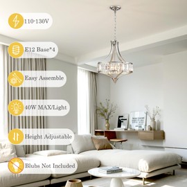 Cabvope Crystal Dining Room Chandelier Light Fixture, Modern Round Brushed Nickel Chandeliers for Kitchen Hallway Bedroom Foyer Living Room, 4-Light Farmhouse Adjustable Height Hanging Light, 16 Inch