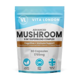 Lions Mane Mushroom 6 in 1 Complex | Lion's Mane Supplement + Chaga, Reishi, Cordyceps, Shitake, Maitake Mushrooms & Vitamin C | 60 Capsules (Not Tablet, Powder or Gummies) | UK Made Vegan