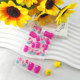 Square Press on Nails Short Fake Nails with Flower Designs Glossy Nails Press ons Pink Acrylic Nails Spring Summer Glue on Nails Cute False Nails Artificial Stick on Nails for Women 24Pcs