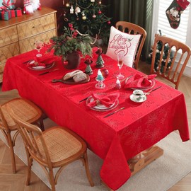 Honellaty Christmas Poinsettia Tablecloth Rectangle, 52 x 70 inch Jacquard Washable Polyester Durable Spillproof Anti-Wrinkle Damask Fabric Table Cover for Christmas or Daily Uses, Red